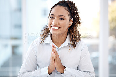 Buy stock photo Gratitude, thank you and portrait of a woman with a prayer, help and hope at a corporate company. Support, trust and happy employee praying, showing respect and compassion hands in the workplace