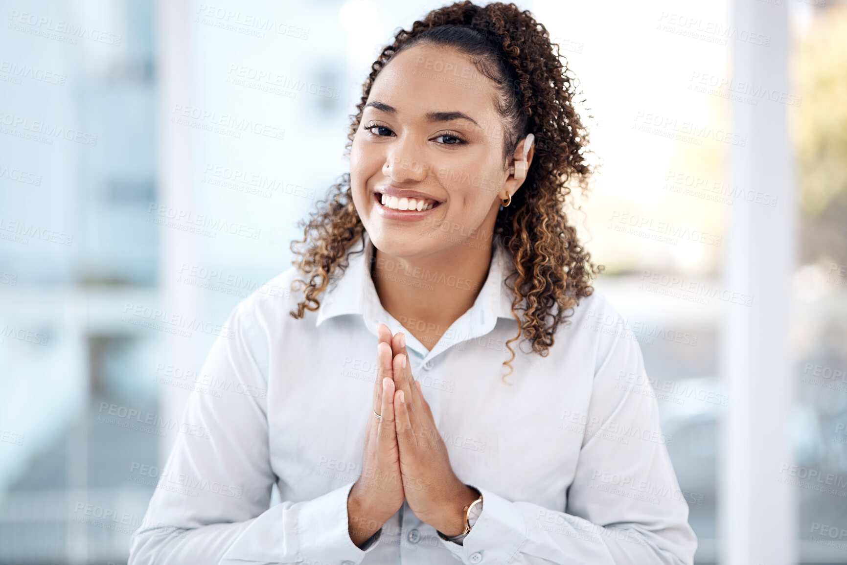 Buy stock photo Gratitude, thank you and portrait of a woman with a prayer, help and hope at a corporate company. Support, trust and happy employee praying, showing respect and compassion hands in the workplace
