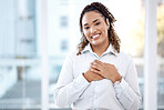 Black woman, business and happy portrait with hands on chest for care, kindness and love for charity. Face of person with smile and emoji for heart, thank you and gratitude or trust and hope mockup