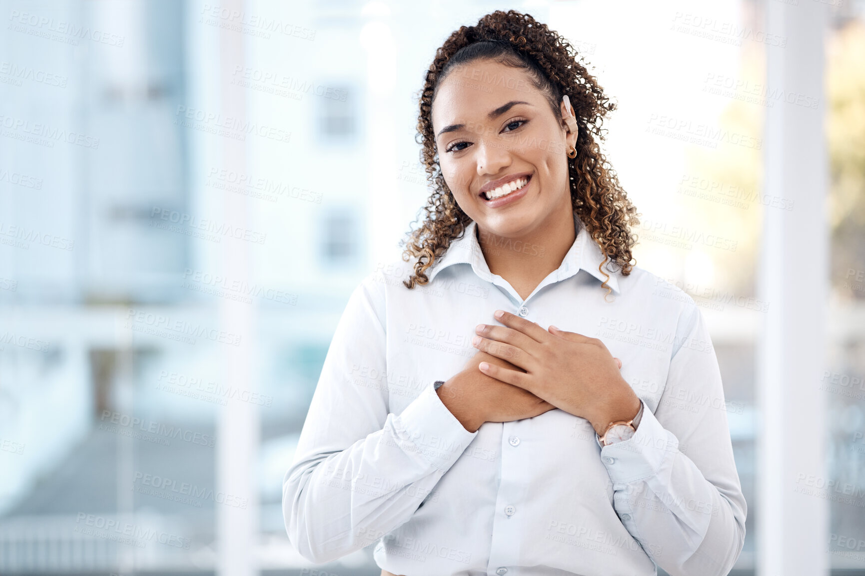 Buy stock photo Black woman, business and happy portrait with hands on chest for care, kindness and love for charity. Face of person with smile and emoji for heart, thank you and gratitude or trust and hope mockup