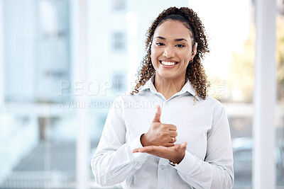 Buy stock photo Help, black woman portrait and sign language with deaf person thumbs up hand. Face of model with hearing disability, symbol and communication for support, charity and assistance with mockup space