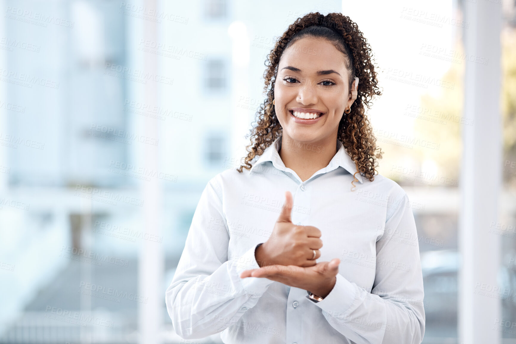 Buy stock photo Help, black woman portrait and sign language with deaf person thumbs up hand. Face of model with hearing disability, symbol and communication for support, charity and assistance with mockup space