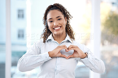 Buy stock photo Black woman, hands and portrait with heart emoji for love, charity and support with a happy smile. Face of business person with shape for care, valentines day and hope or sign for review and feedback