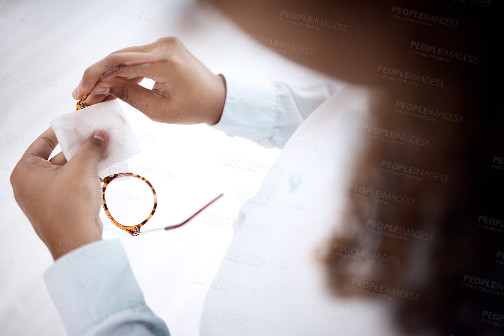 Buy stock photo Lens cleaning, girl hands and glasses of a young student with fabric cloth to clean dust. Vision eye care, home and reading eyeglasses of a person holding frame for disinfection and eyewear safety