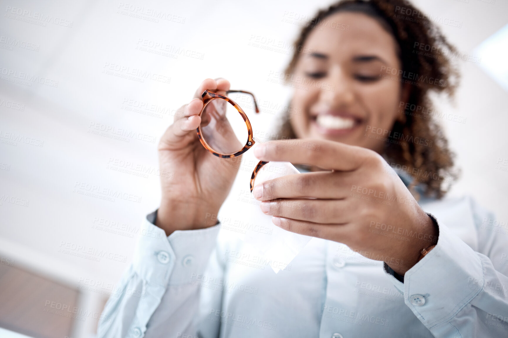 Buy stock photo Hands, cleaning glasses and black woman with cloth, happy or excited for healthy vision in optometry office. Young african lady, spectacles or smile for eyes, health or wellness with designer frame