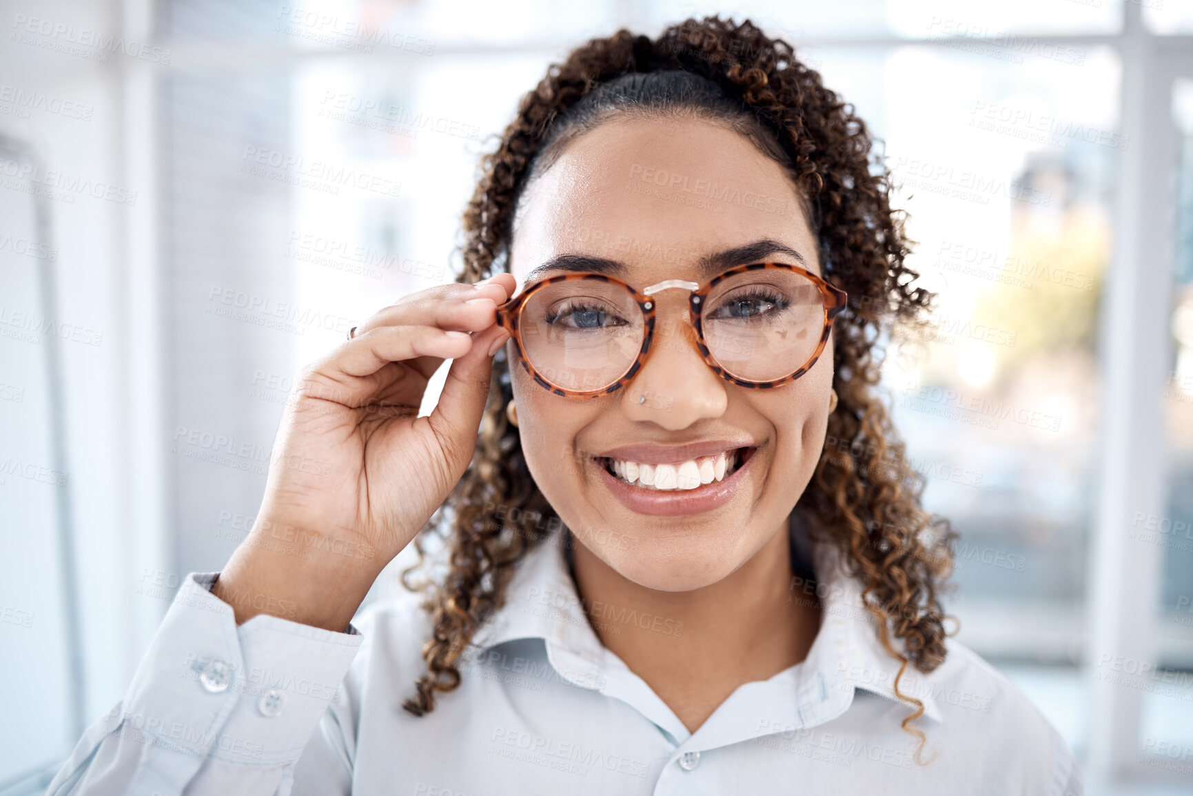 Buy stock photo Optometry, smile and portrait of black woman with glasses for eye exam, sight and vision testing at clinic. Optometrist, health and happy girl with frames, prescription lens and eyeglasses for eyes