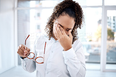 Buy stock photo Exhausted, glasses and headache with black woman and eye strain for tired, fatigue and blurry vision. Medical, healthcare and pain with girl and spasm pressure for anxiety, stress and prescription