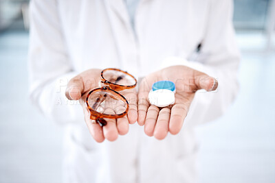 Buy stock photo Eye care, choice with glasses or contact lens in hands, closeup and vision with healthcare for eyes. Prescription lenses, person with frame and plastic container, optometry with optician and health
