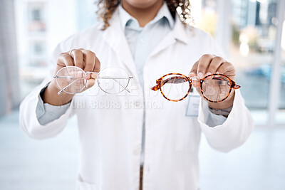 Buy stock photo Eye care, vision and woman, choice of glasses in hands, optometrist and healthcare for eyes with doctor. Prescription lens, designer frame and eyewear decision, health insurance and optometry