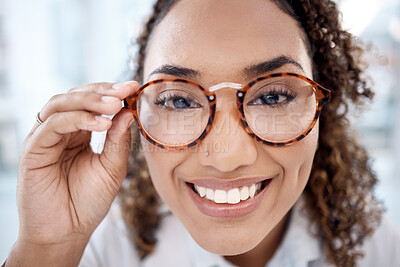Buy stock photo Black woman, face closeup and glasses for eye care, vision and designer frame, prescription lens and optometry. Portrait, fashion eyewear and health for eyes for wellness, smile and happy with choice