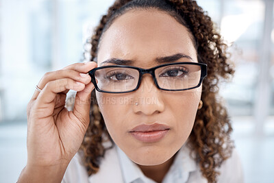 Buy stock photo Optometry, glasses and portrait of black woman with vision problems, improve eyesight and myopia issue. Optometrist, eye strain and face of confused girl with frames, prescription lens and eyeglasses