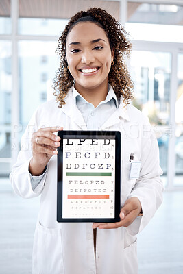 Buy stock photo Portrait, eye chart and woman with tablet in hospital for vision examination in clinic. Healthcare, snellen and ophthalmologist or medical doctor holding technology with text or letters for eyes test