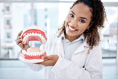 Buy stock photo Dentures, healthcare and portrait of dentist for dental wellness, teeth whitening and oral care. Dentistry, medical clinic and orthodontist smile with mold for mouth hygiene, tooth surgery and braces