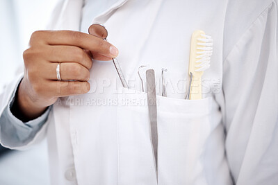 Buy stock photo Dentist, healthcare and hands with tools for dental wellness, teeth whitening and oral care. Dentistry, medical clinic and orthodontist with metal equipment for tooth hygiene, surgery and cleaning