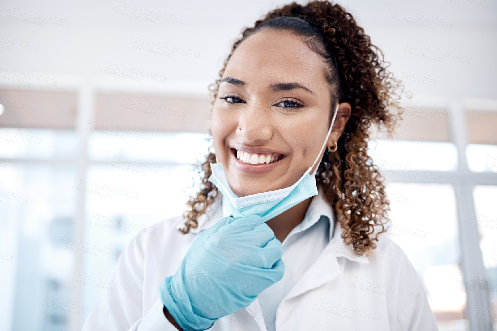 Buy stock photo Healthcare, mask and portrait of dentist with smile for medical care, dental consultation and wellness. Safety, dentistry and face of woman orthodontist for teeth whitening, oral surgery and hygiene