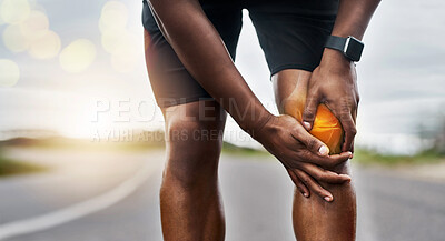 Buy stock photo Knee accident, red body and man exercise with medical pain, muscle strain and sports emergency. Legs, wound and fitness injury from workout, arthritis and skeleton anatomy for orthopedic first aid