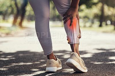 Buy stock photo Woman, fitness and pain or injury on legs while running on outdoor road for exercise, workout and training. Sport person with red anatomy calf overlay for and massage for joint, accident or arthritis