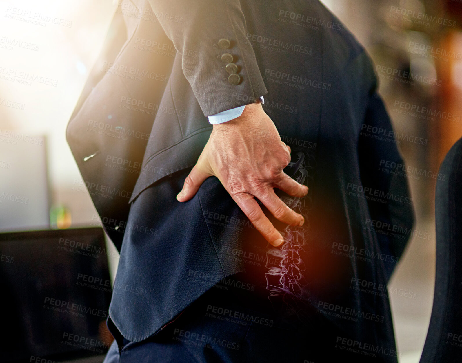 Buy stock photo Businessman, hand and back pain from work injury, accident or bad posture in x ray at the office. Hands of male employee touching painful area, spine or ache in strain, bruise or broken spinal bone
