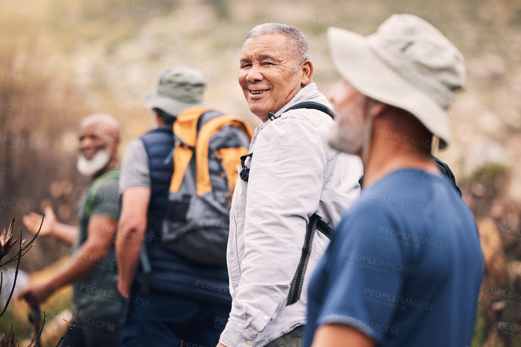 Buy stock photo Hiking, nature and senior friends on mountain for fitness, trekking and backpacking adventure. Explorer, discovery and expedition with group of old men on trail for health, retirement and journey