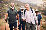 Hiking, smile and support with old men on mountain for fitness, trekking and backpacking adventure. Explorer, discovery and expedition with friends mountaineering for health, retirement and journey