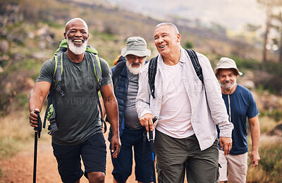Buy stock photo Hiking, smile and group of old men on mountain for fitness, trekking and backpacking adventure. Explorer, discovery and expedition with senior friends walking for health, retirement and journey