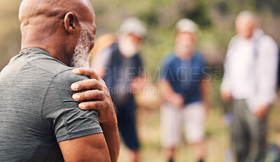 Buy stock photo Shoulder pain, injury and back of senior black man after hiking accident outdoors. Sports, training hike and elderly male with fibromyalgia, inflammation or arthritis, broken bones or painful muscles
