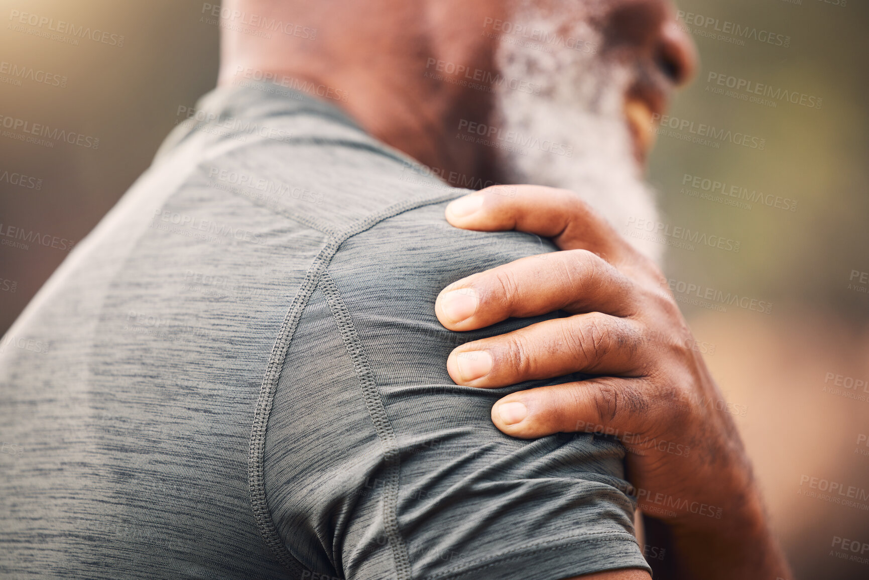 Buy stock photo Shoulder pain, injury and hand of senior black man after fitness accident outdoors. Sports, training and elderly male with fibromyalgia, inflammation or arthritis, broken bones or painful muscles.
