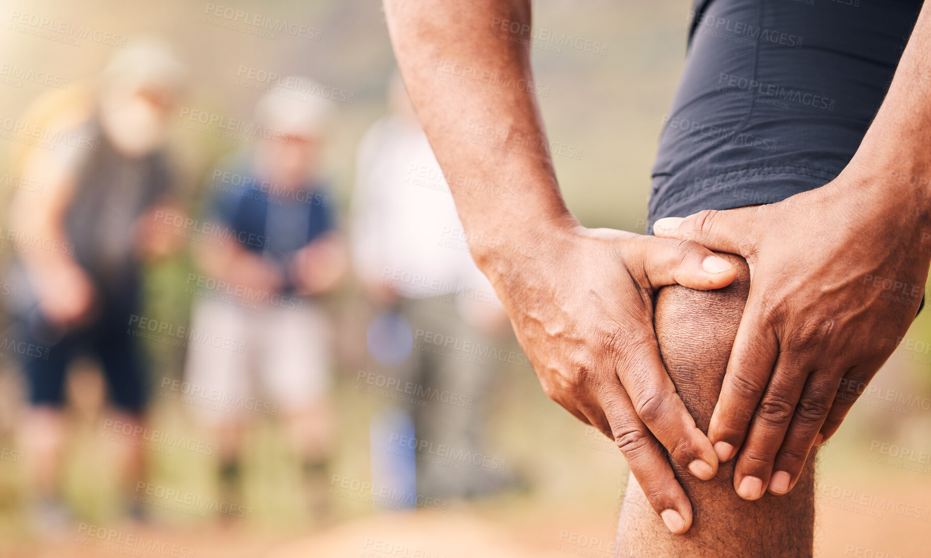 Buy stock photo Knee pain, injury and hands of senior black man after hiking accident outdoors. Sports, training hike or elderly male with fibromyalgia, leg inflammation or arthritis, broken bones or painful muscles