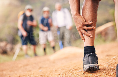 Buy stock photo Injury, leg pain and hands of senior black man after hiking or sports accident outdoors. Training hike, elderly and male with fibromyalgia, inflammation or arthritis, broken bones or painful muscles.