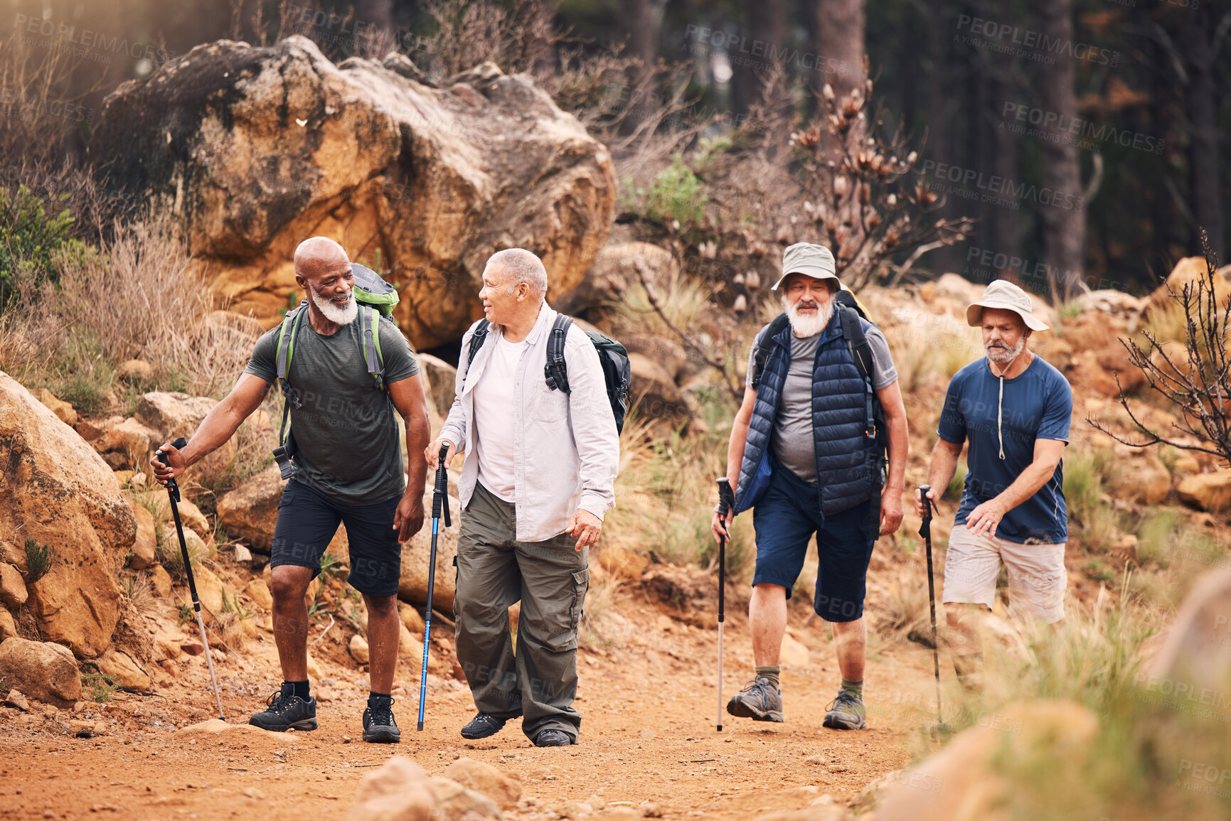 Buy stock photo Hiking, nature and group of old men on mountain for fitness, trekking and backpacking adventure. Explorer, discovery and expedition with friends walking for health, retirement and journey