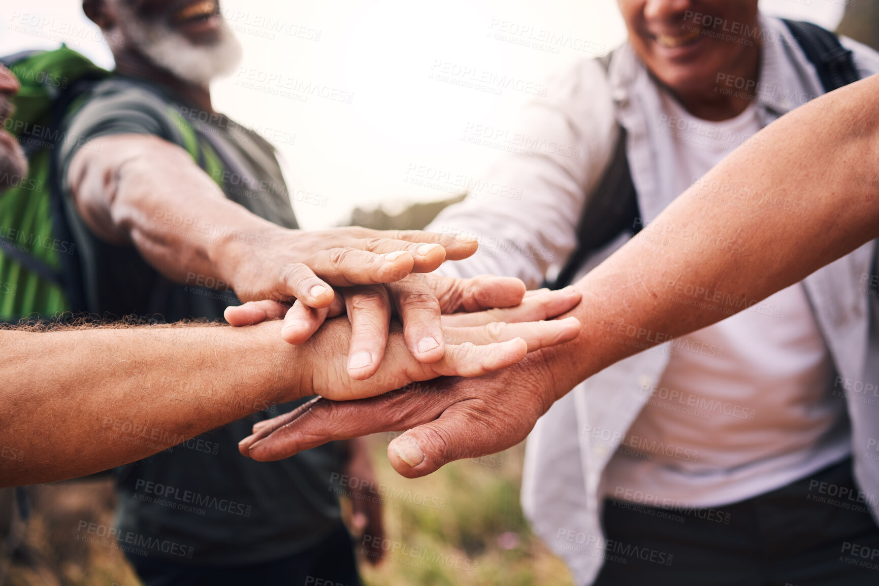 Buy stock photo Hiking, sports and hands of people stack for support, motivation and fitness in outdoor forest. Teamwork, diversity and group of hikers for exercise, trekking and cardio workout in woods for wellness