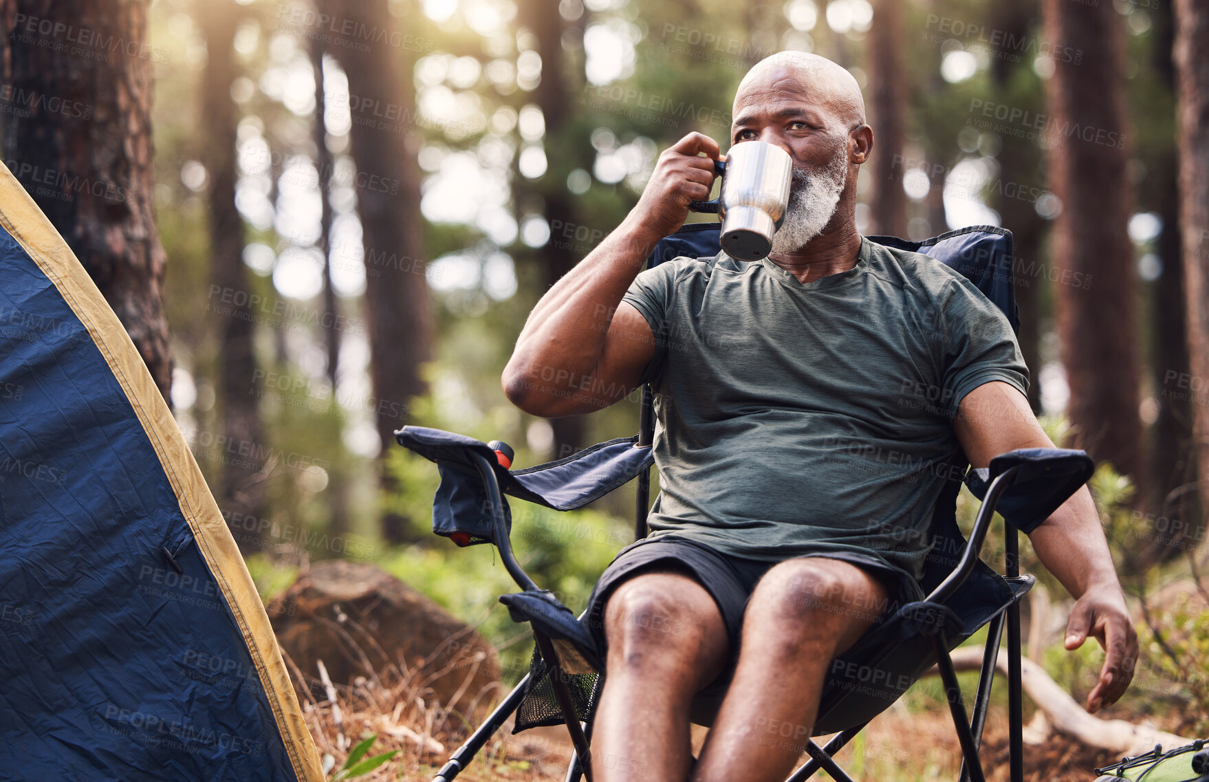 Buy stock photo Camping, hiking and coffee with a senior black man in the forest enjoying a drink during retirement. Nature, relax and wellness with an elderly male drinking a beverage in the woods on a hike