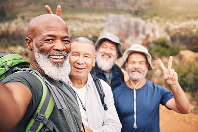 Buy stock photo Selfie, hiking and friends portrait with peace sign while taking pictures for happy memory in nature. V gesture, face exercise and group of senior men laughing while taking photo for social media.