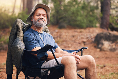 Buy stock photo Forest camping, portrait and senior man relax on outdoor nature vacation for wellness, freedom peace and natural air. Woods, chair and relax elderly man on retirement holiday adventure in Australia 