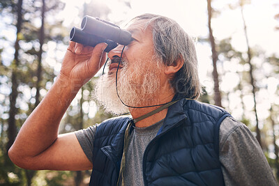 Buy stock photo Hiking, binoculars and senior man in nature looking at view, sightseeing or watching. Binocular, adventure and elderly male with field glasses, trekking or exploring on holiday or vacation outdoors.