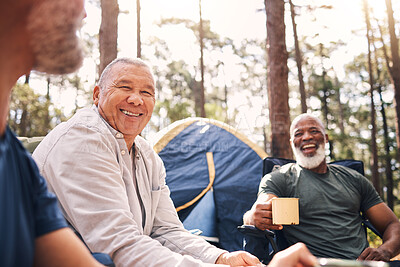 Buy stock photo Camping, trekking and senior men in the mountains for retirement travel and bonding in Switzerland. Relax, laughing and elderly friends speaking while on a camp for an adventure and holiday in nature