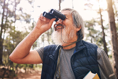 Buy stock photo Binoculars, hiking and senior man in nature looking at view, sightseeing or watching. Binocular, adventure search and happy elderly male with field glasses, trekking or exploring on vacation outdoors