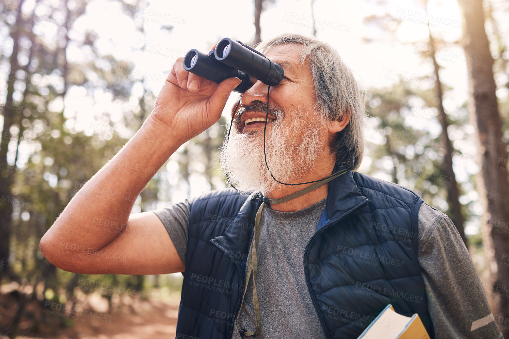 Buy stock photo Binoculars, hiking and senior man in nature looking at view, sightseeing or watching. Binocular, adventure search and happy elderly male with field glasses, trekking or exploring on vacation outdoors
