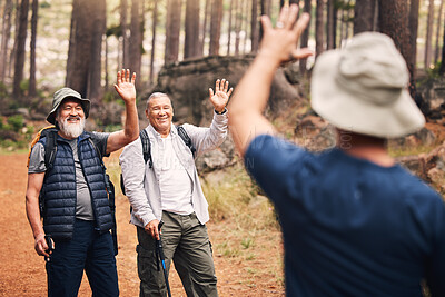 Buy stock photo Greeting, wave and senior friends hiking in the mountains for travel, bonding and trekking in nature. Happy, group and elderly men waving for hello or goodbye while walking in the forest in Peru