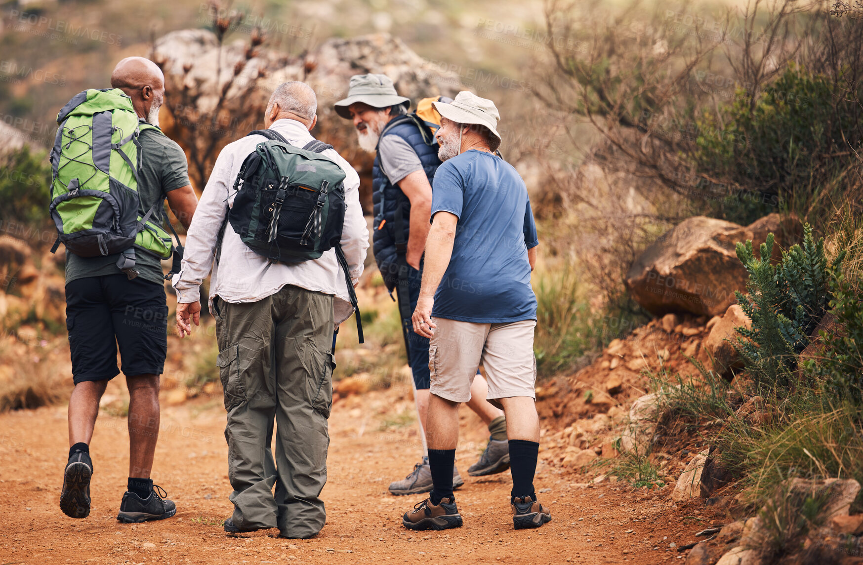 Buy stock photo Hiking, travel and walk with old men on mountain for fitness, trekking and backpacking adventure. Explorer, discovery and  group with elderly friends in nature for health, retirement and journey