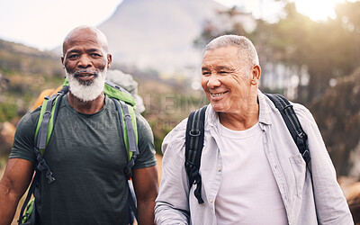 Buy stock photo Hiking, happy and travel with old men on mountain for fitness, trekking and backpacking adventure. Explorer, discovery and expedition with friends mountaineering for health, retirement and journey