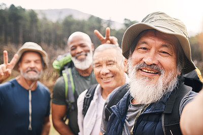 Buy stock photo Hiking, selfie and friends portrait with peace sign while taking pictures for happy memory in nature. V gesture, face exercise and group of senior men take photo for social media after trekking hike.