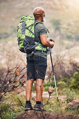 Buy stock photo Black man, hiking and mountain with backpack for travel, adventure or trekking in the nature. African American male hiker with stick standing on rock for traveling or backpacking in the outdoors