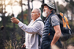 Looking, pointing and mature men in nature for hiking, retirement travel and backpacking in Nepal. Walking, adventure and senior friends on a search while bird watching in the mountains on a walk