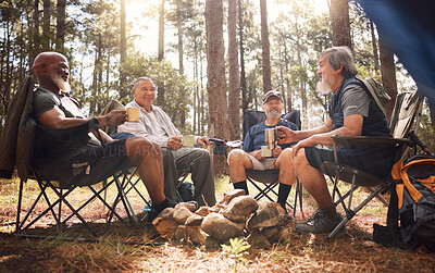 Buy stock photo Senior people, friends and camping with coffee in nature for travel, adventure or summer vacation on chairs in forest. Group of elderly men relax, talking or enjoying camp out by trees in the woods
