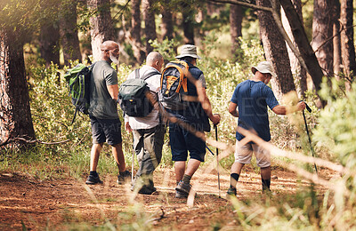 Buy stock photo Hiking, trekking and group of friends in forest for adventure, freedom and cardio wellness on mountain trail. Travel, sports and back of senior hikers for exercise, fitness and walking in retirement