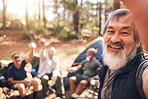 Hiking, selfie and senior man with friends in nature taking pictures for happy memory. Asian exercise, face portrait or group of elderly men take photo for social media after trekking hike outdoors.