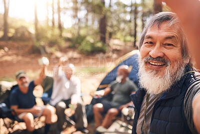 Buy stock photo Camping, selfie and senior man with friends in nature taking pictures for happy memory. Asian, face portrait or group of elderly men take photo for social media after trekking hike outdoors at camp.