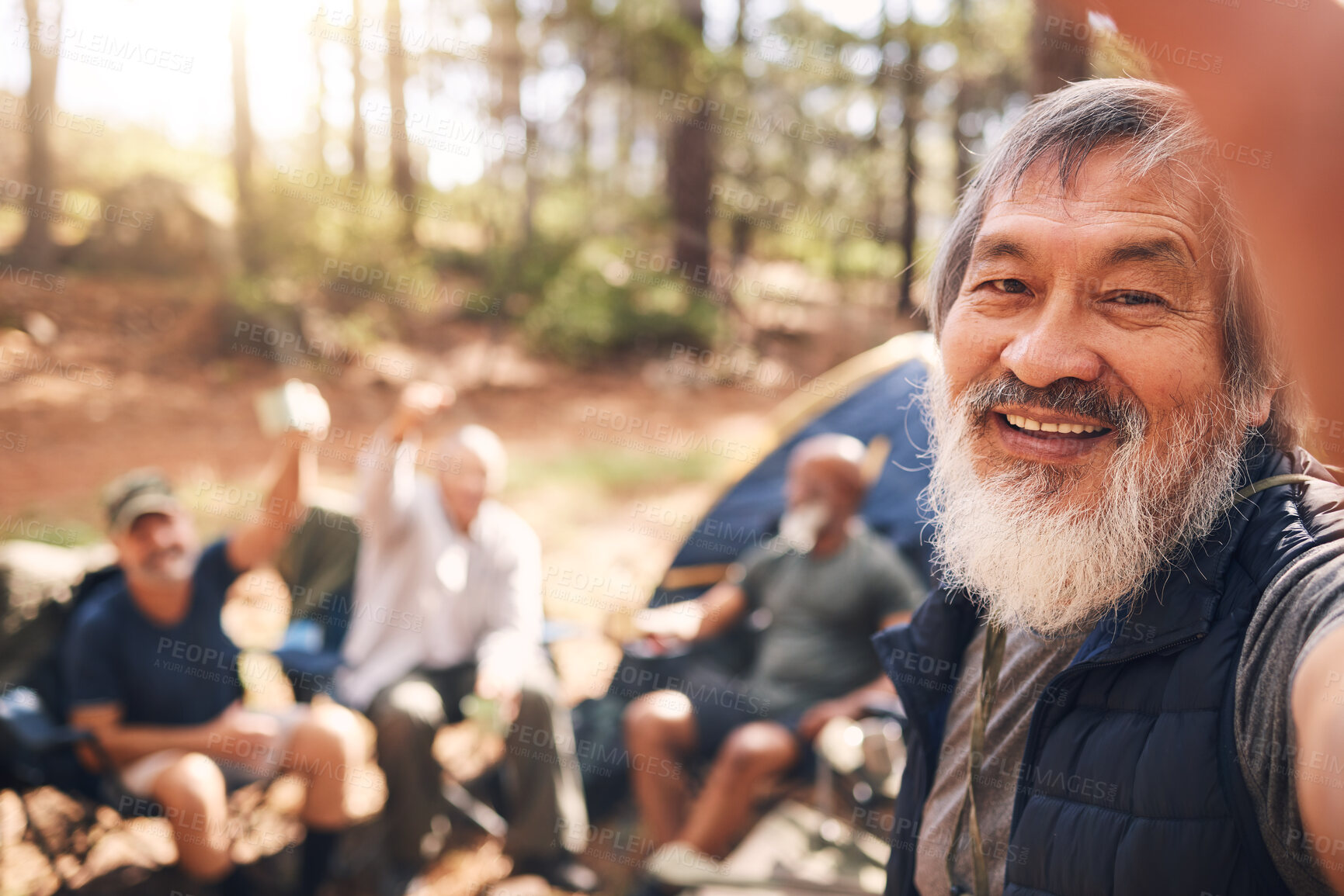 Buy stock photo Camping, selfie and senior man with friends in nature taking pictures for happy memory. Asian, face portrait or group of elderly men take photo for social media after trekking hike outdoors at camp.