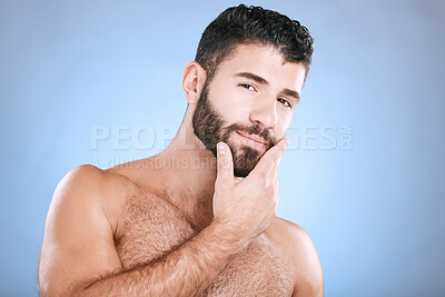 Buy stock photo Portrait of man with hand on beard, confident face and morning cleaning treatment isolated on blue background. Facial hygiene, male model beauty and grooming health, wellness and skincare in studio.